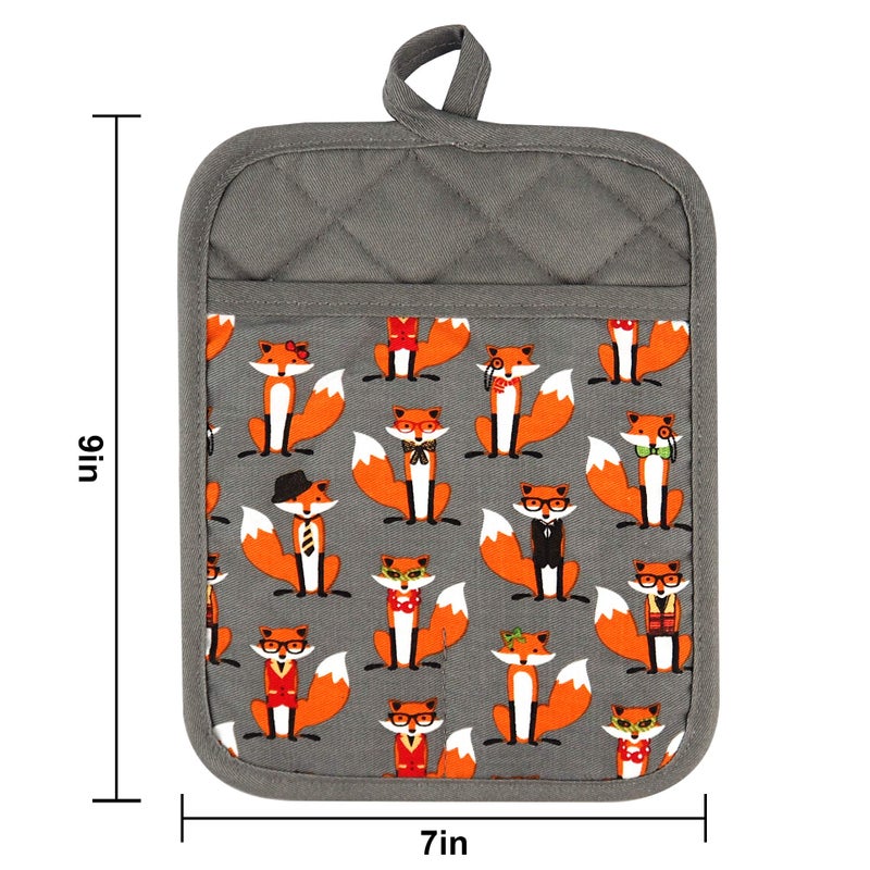 RED LMLDETA Pot Holders Set of 2 Heat Resistant 480 â„‰ Non Slip Clear Silicone Printed Comfortable Cotton Lining Kitchen Women Men Cooking Baking Microwave Machine Washable (Fox, Gray Potholders) - Image 3